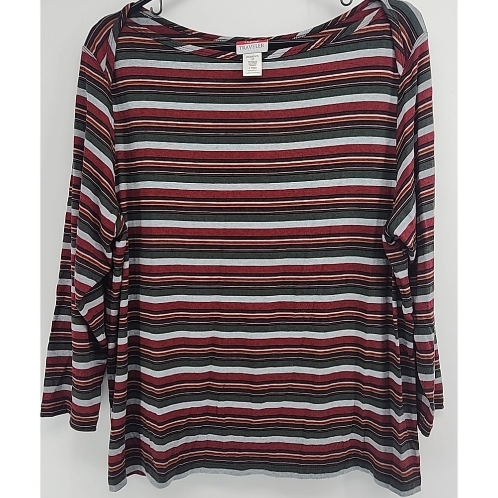 LL Bean Traveler Womens LG Striped Boat Neck Long Sleeve Top Red Green Multi